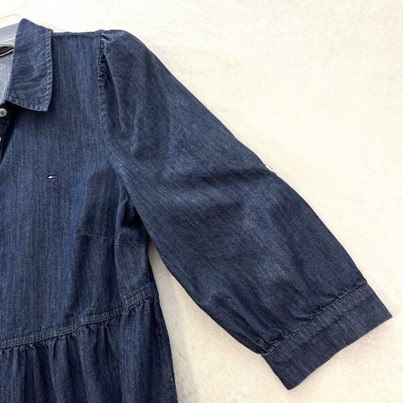 TOMMY HILFIGER Chambray Shirt Dress Tiered Dark Denim Navy Blue Popover Size 8 - Picture 6 of 14